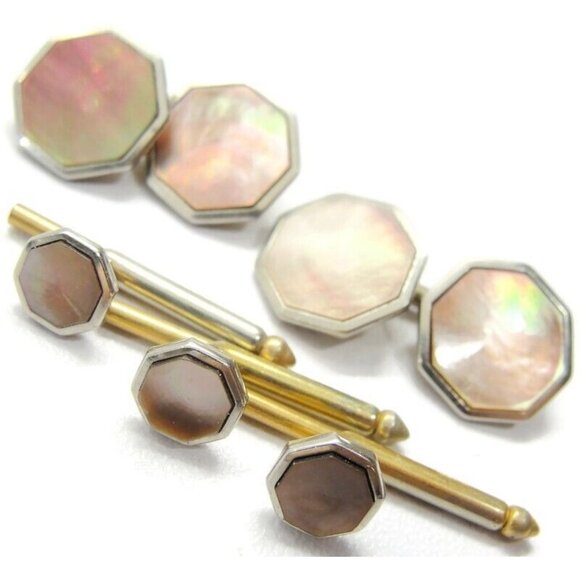 Correct Quality Cufflink w 3 Shirt Buttons Set MOP Chain Link Rolled Gold Plate